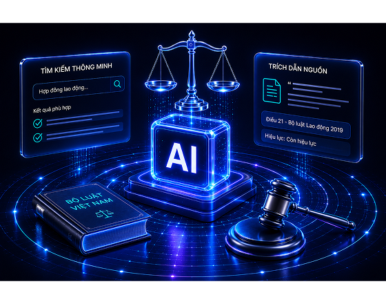 AI legal research platform with digital scales of justice, search tools and legal documents