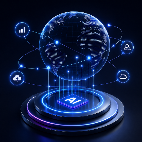 AI-native technology illustration featuring a connected digital globe and AI chip
